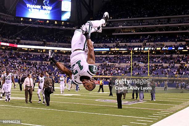 Braylon Edwards of the New York Jets does a flip in celebration of the Jets 17-16 win against the Indianapolis Colts during their 2011 AFC wild card...