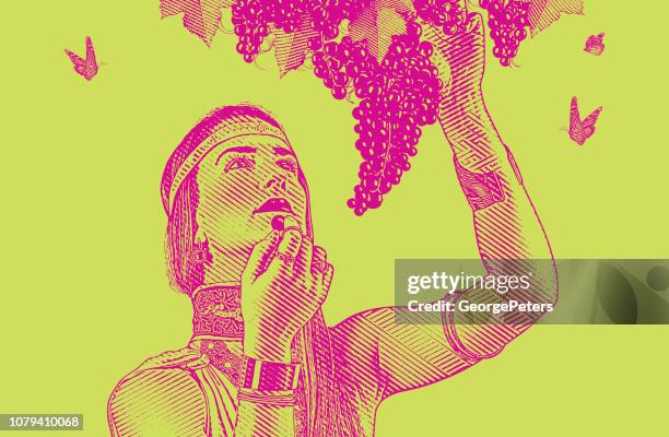 woman picking wine grapes - vineyard worker stock illustrations