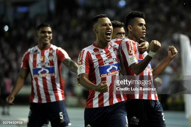 Luis Diaz of Atletico Junior, celebrates after scoring the first goal of his team during the first leg final match between Junior and Independiente...