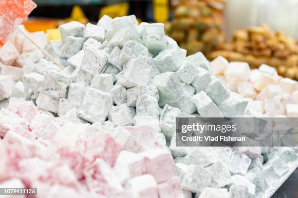 turkish lokum display at the mahane yehuda market in jerusalm - jerusalem market stock pictures, royalty-free photos & images