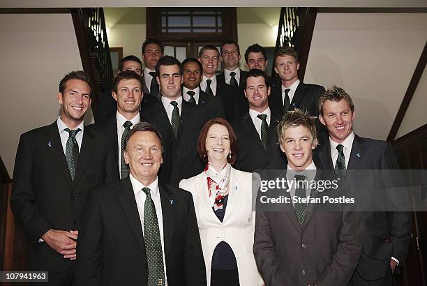 Australian Prime Minister Julia Gillard poses with the Prime Minister's XI team during the Prime Minister's XI v England cricket match reception at...