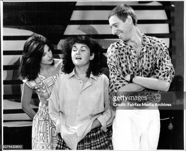 Play Rehersal of "Binge" at the Griffin Theatre Company -- L to R Joe Kennedy, Karin Mainwaring, Philip Dodd. March 10, 1987. .