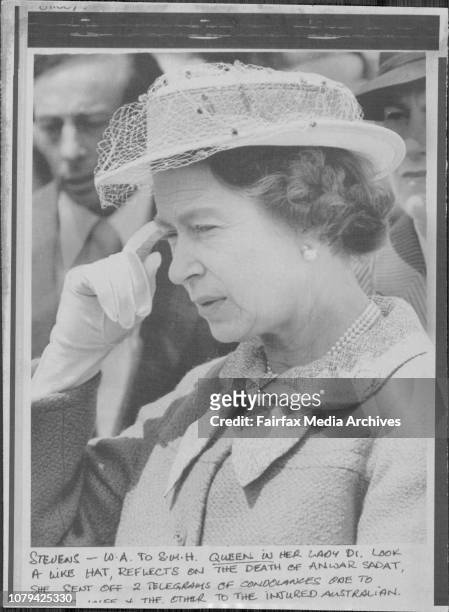 Queen in her Lady Dr. Look a like hat, reflects on the death of Anwar Sadat, she sent off 2 telegrams of condolences one to ***** the other to the...