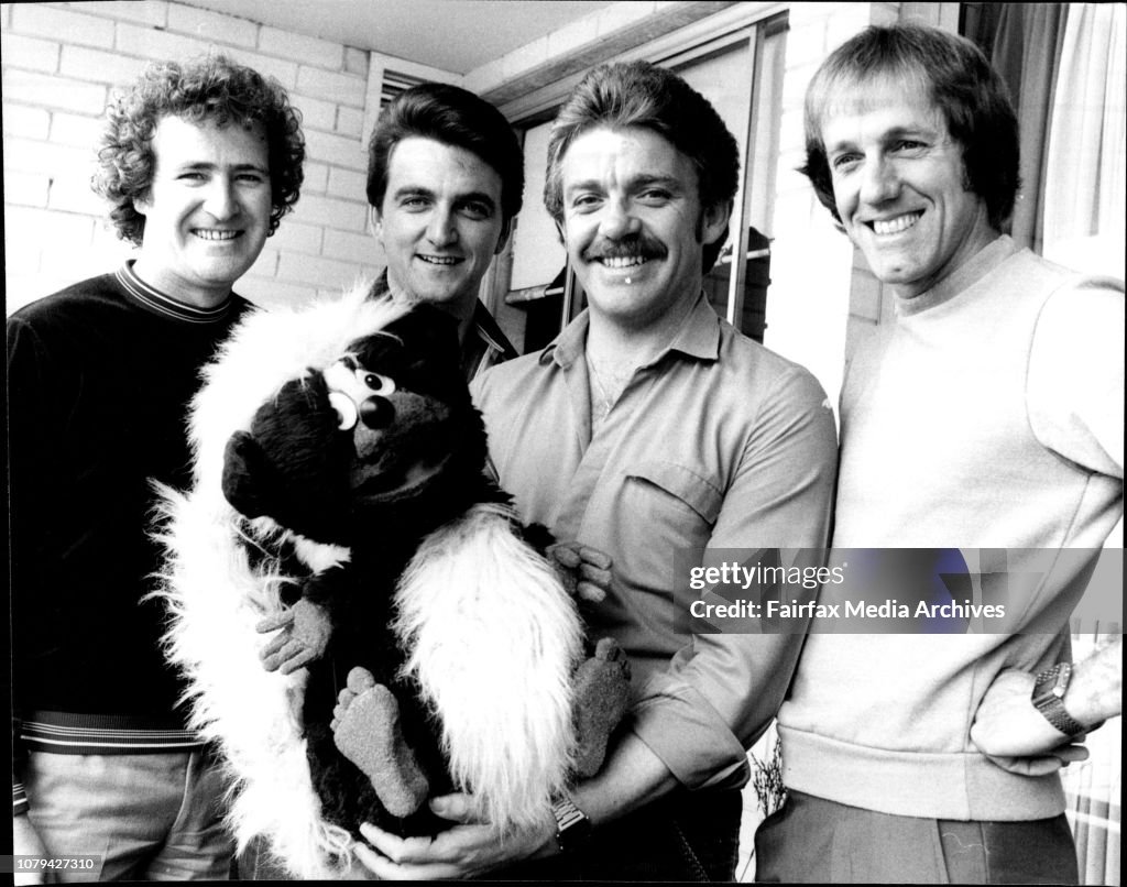 Australias No.1. vocal group, "The Four Kinsmen."Left to right: Adrian Mahony, George Harvey, Spencer Whitely, George Fay.Pictured with one of their puppets used in their act, Stinky Skunk.