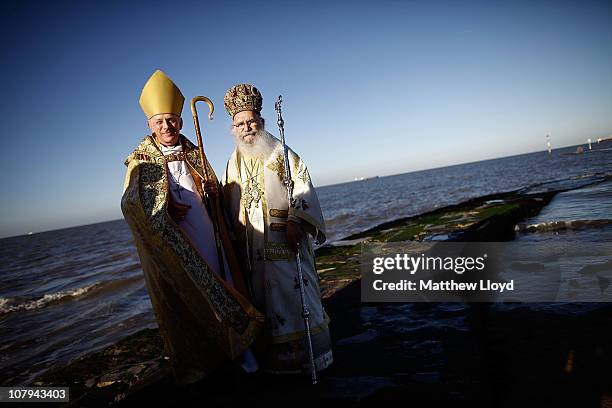 The Bishop of Dover, Rt Rev Trevor Willmott and His Eminence Gregorios, Greek Orthodox Archbishop of Thyateira and Great Britain pose on the beach...