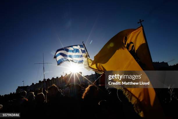 His Eminence Gregorios, Greek Orthodox Archbishop of Thyateira and Great Britain conducts a ceremony to bless the waters of the seaside town of...