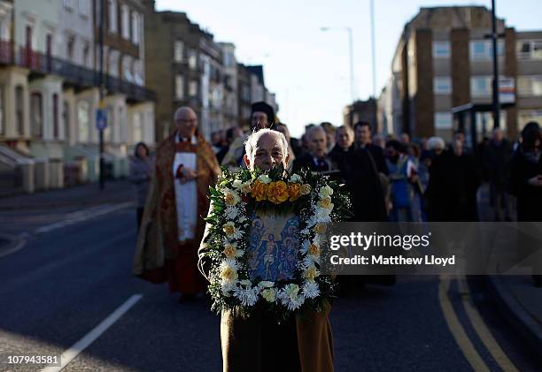 Parishioners of the Greek Orthodox Community of the Archangel Michael process to Margate beach where His Eminence Gregorios, Archbishop of Thyateira...