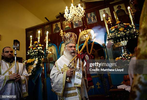 His Eminence Gregorios, Archbishop of Thyateira and Great Britain presides over the divine liturgy at the Parish of the Greek Orthodox Community of...