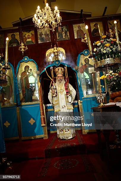 His Eminence Gregorios, Archbishop of Thyateira and Great Britain presides over the divine liturgy at the Parish of the Greek Orthodox Community of...