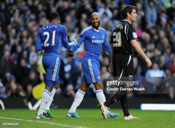 Salomon Kalou of Chelsea celebrates with team mate Nicolas Anelka after Kalou scores the opening goal during the FA Cup sponsored by E.O.N 3rd Round...