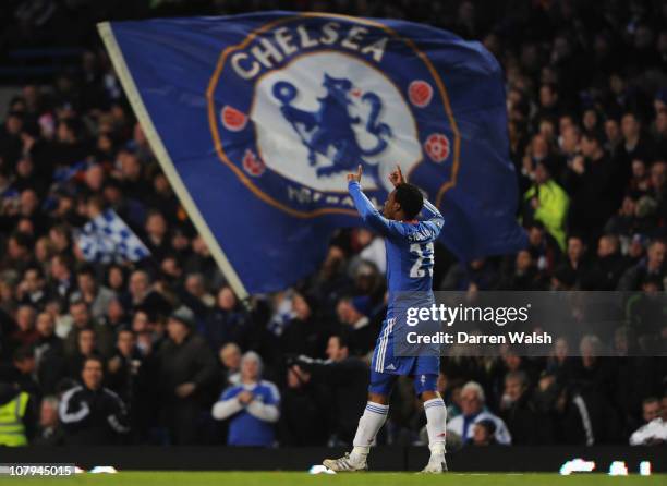 Daniel Sturridge of Chelsea celebrates scoring his team's fifth goal during the FA Cup sponsored by E.O.N 3rd Round match between Chelsea and Ipswich...