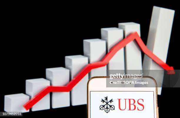 In this photo illustration, the Swiss multinational investment bank and financial services company UBS Group logo is seen displayed on an Android...