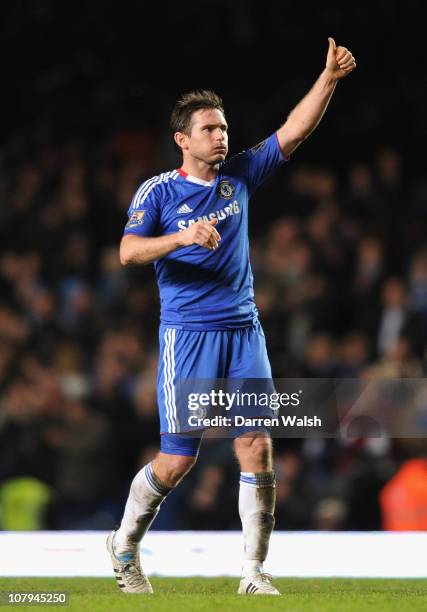 Frank Lampard of Chelsea celebrates a 7-0 victory with a thumbs up to the fans after the FA Cup sponsored by E.O.N 3rd Round match between Chelsea...