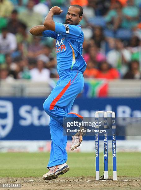 Yusuf Pathan of India bowls during the Standard Bank Pro20 international match between South Africa and India at Moses Mabhida Stadium on January 09,...