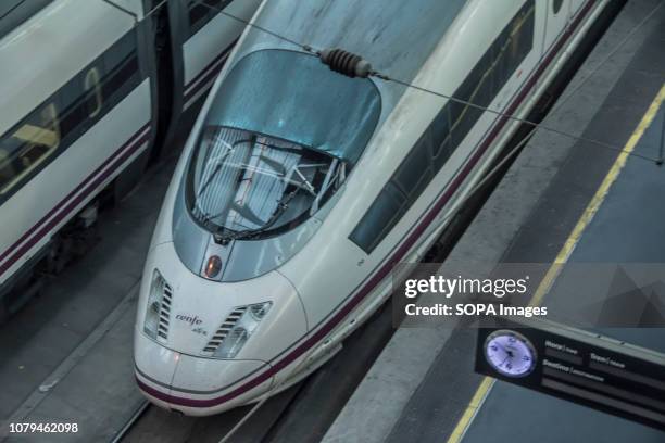 Renfe speed train seen parked at the Madrid Atocha Railway Station. 50% of the normal train traffic has been stopped due to the three wise men...