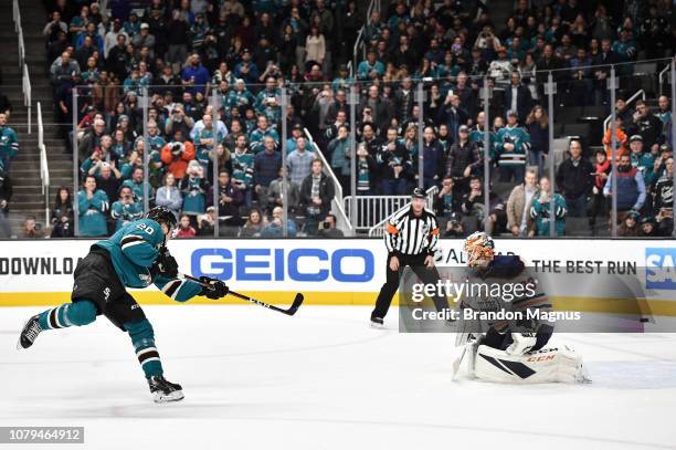 Marcus Sorensen of the San Jose Sharks scores a penalty shot goal against Cam Talbot of the Edmonton Oilers at SAP Center on January 8, 2018 in San...