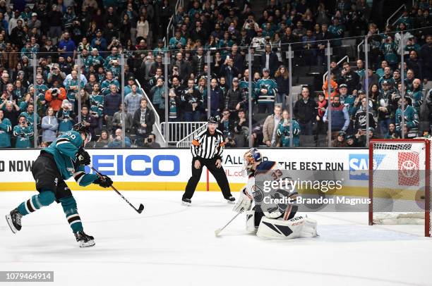 Marcus Sorensen of the San Jose Sharks scores a penalty shot goal against Cam Talbot of the Edmonton Oilers at SAP Center on January 8, 2018 in San...