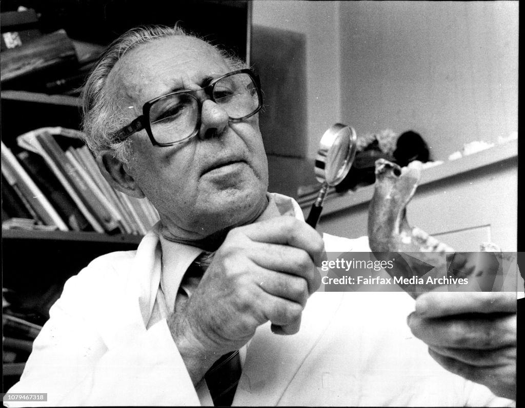 Pictured at Sydney University today is Professor Clifford Griffin who is to retire from the Department of Anatomy at the University in about 2 years.He is pictured with a Homo Sapiens Neawderthalewsis skull or jaw bone which is said to be 50,000 years old