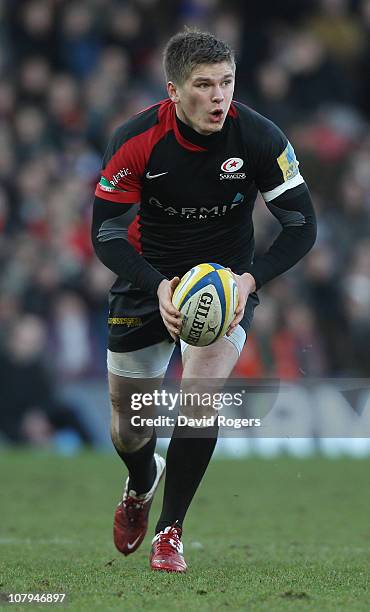 Owen Farrell of Saracens runs with the ball during the Aviva Premiership match between Saracens and London Irish at Vicarage Road on January 9, 2011...