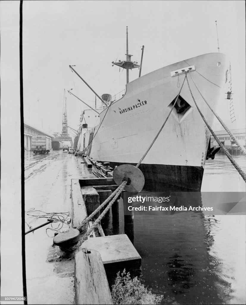Strike On Ship - The Mardina Packer this morning.Waterside workers loading the Mardina Packer, now at Pyrmont, have refused to load frozen meat destined for Florida, USA. They say that the shortage of meat here in Australia and the high price of meat has