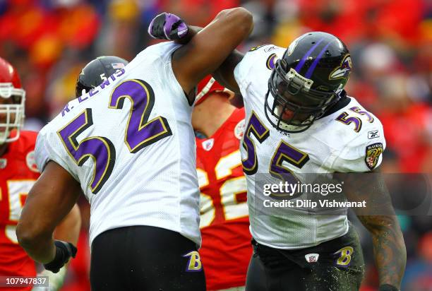 Linebackers Ray Lewis and Terrell Suggs of the Baltimore Ravens celebrate a play during their 2011 AFC wild card playoff game against the Kansas City...