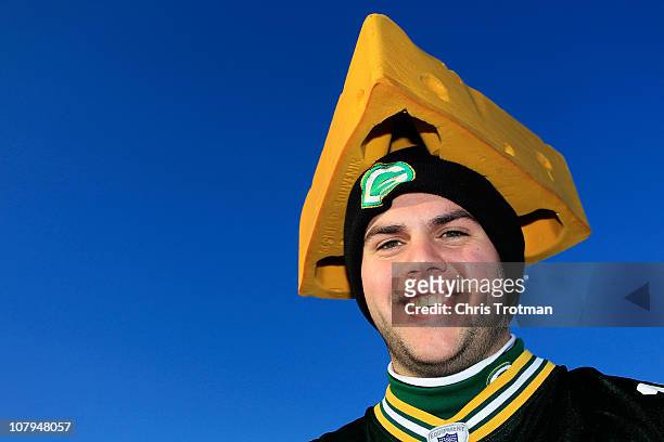 Green Bay Packers fan poses for a photo before they play against the Philadelphia Eagles in the 2011 NFC wild card playoff game at Lincoln Financial...