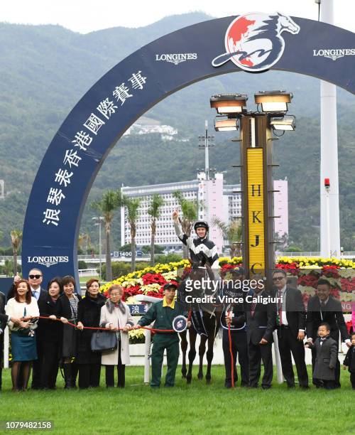 Zac Purton riding Exultant after winning Race 4, Longines Hong Kong Vase during the LONGINES Hong Kong International Races at Sha Tin Racecourse on...