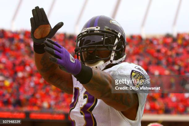 Running back Willis McGahee of the Baltimore Ravens celebrates after scoring a touchdown in the fourth quarter of the 2011 AFC wild card playoff game...