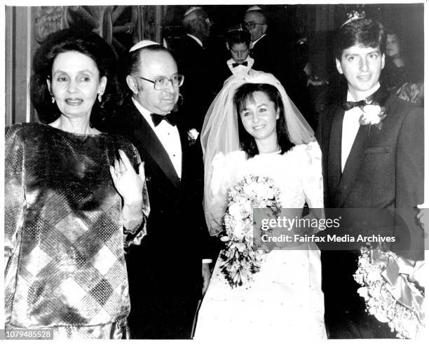 Kathy and Greg Shand with Larry Adler at their wedding at the great Synagoue, Elizabeth St, City. May 31, 1987. .