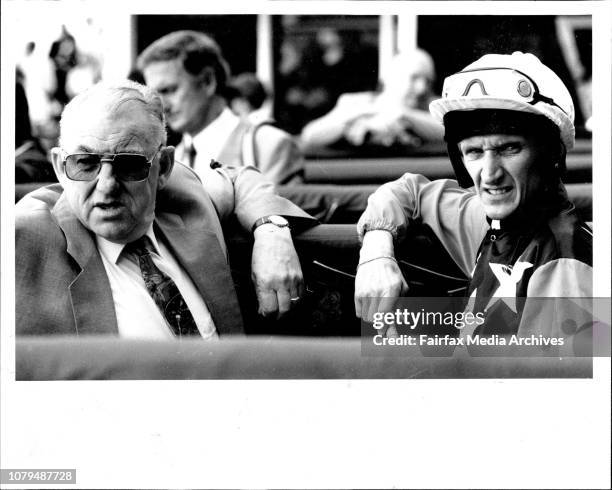 Taken at Rosehill race course.....Race:1. Winner...Regina Madre.Closeups: Jockey Hall with trainer Roy. March 4, 1992. .