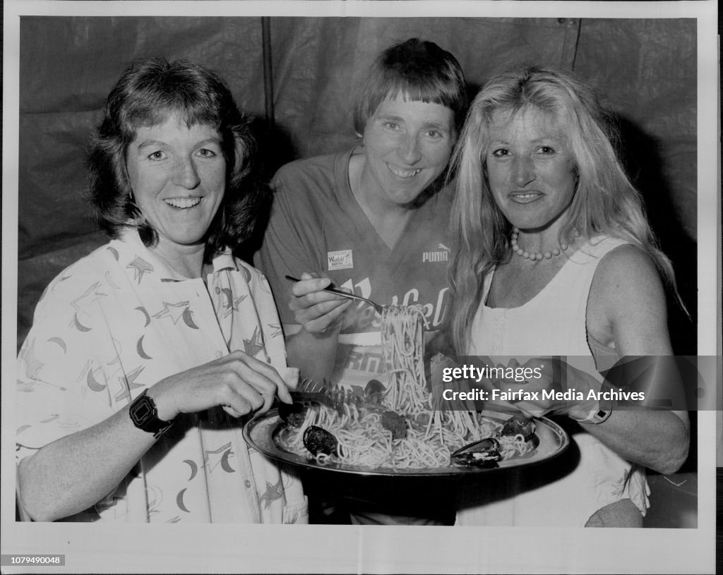 Sydney to Melbourne Marathon runners Dine at Italian Restaurant Ricardos Crows Nest before big run.Donna Hudson Eleanor Adams and Christine Barrett.Also pic of French policeman Ramon Zabalo, race favourite, and English housewife Christine Barrett.