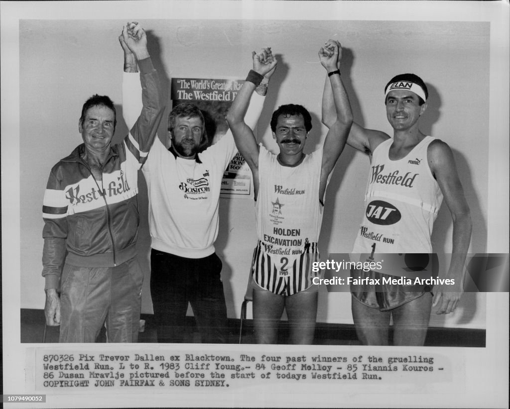 The four past winner of the gruelling Westfield Run. L to R. 1983 Cliff Young. - 84 Geoff Melloy - 85 Yiannis Kouros - 86 Dusan Mravlje pictured before the start of todays Westfield Run.