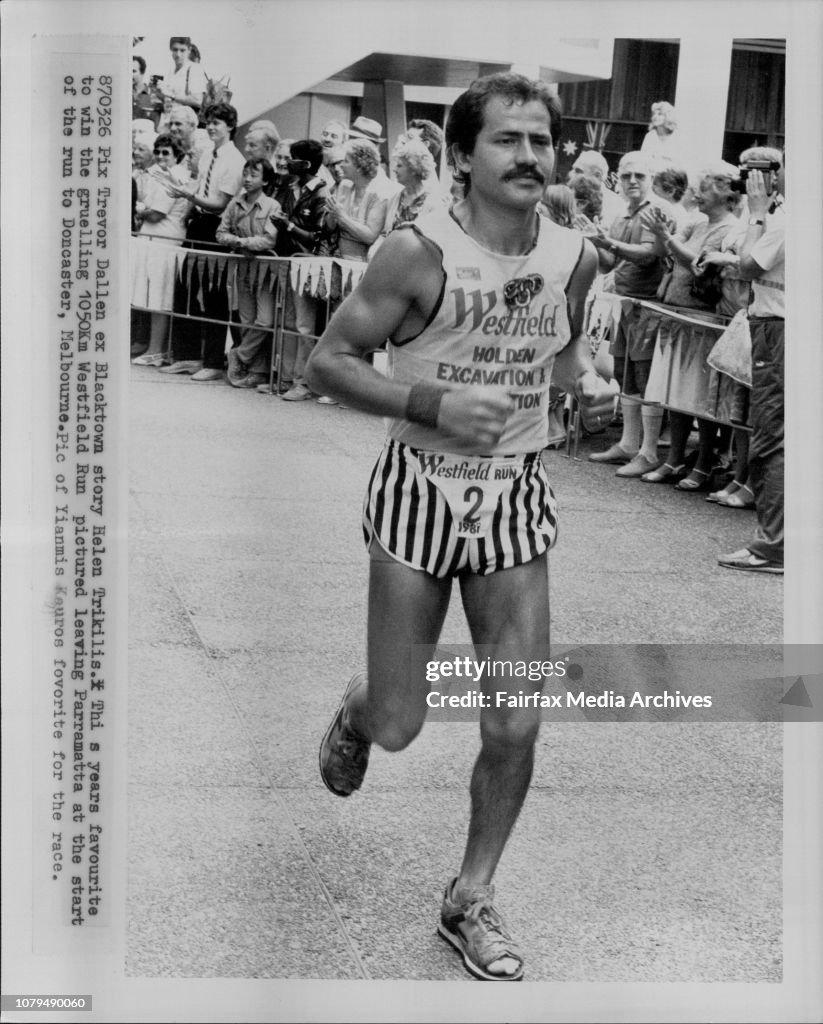 This years favourite to win the gruelling 1050km Westfield Run pictured leaving Parramatta at the start of the run to Doncaster, Melbourne. Pic of Yiannis Kouros fovorite for the race.