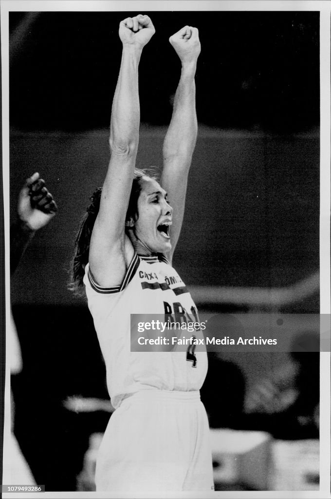 Brazillian Hortencia Marcari Oliva celebrates her teams dramatic victory over Spain to reach the semi finals of the womens world Basketball Championships in Sydney.