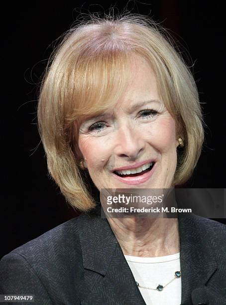 Judy Woodruff speaks during the 'PBS Newshour' panel at the PBS portion of the 2011 Winter TCA press tour held at the Langham Hotel on January 9,...