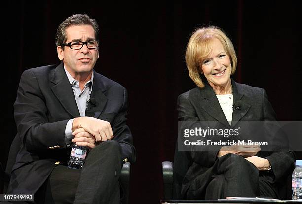 Miles O'Brien and Judy Woodruff speak during the 'PBS Newshour' panel at the PBS portion of the 2011 Winter TCA press tour held at the Langham Hotel...