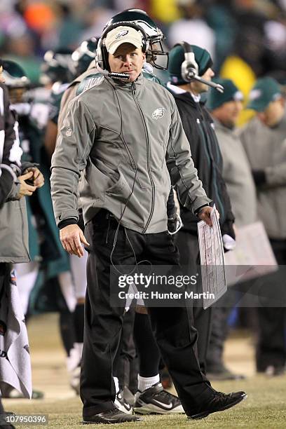 Defensive coordinator Sean McDermott of the Philadelphia Eagles stands on the sideline during the 2011 NFC wild card playoff game against the Green...