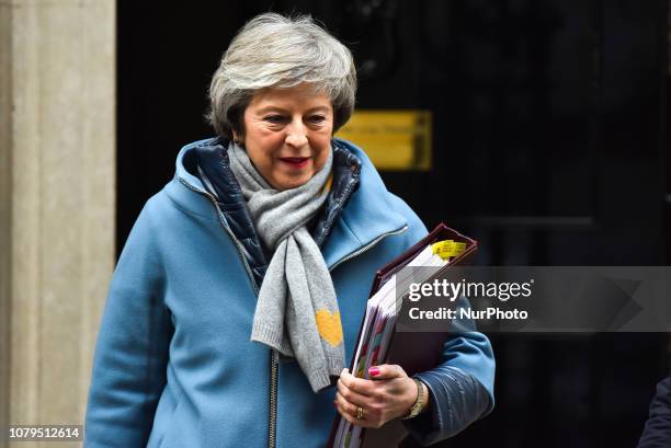 British Prime Minister Theresa May leaves 10 Downing Street to attend the weekly Prime Minister's Questions, London on January 9, 2019. The...