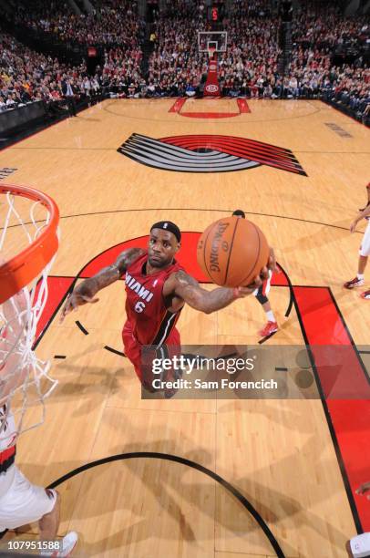 LeBron James of the Miami Heat goes up for a shot during a game against the Portland Trail Blazers on January 9, 2011 at the Rose Garden Arena in...