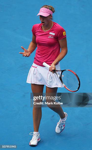 Yanina Wickmayer of Belgium reacts after losing a point in her match against Samantha Stosur of Australia during day two of the 2011 Medibank...