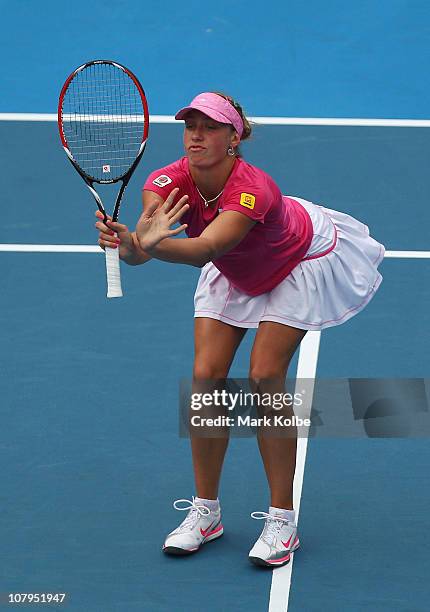 Yanina Wickmayer of Belgium reacts after losing a point in her match against Samantha Stosur of Australia during day two of the 2011 Medibank...