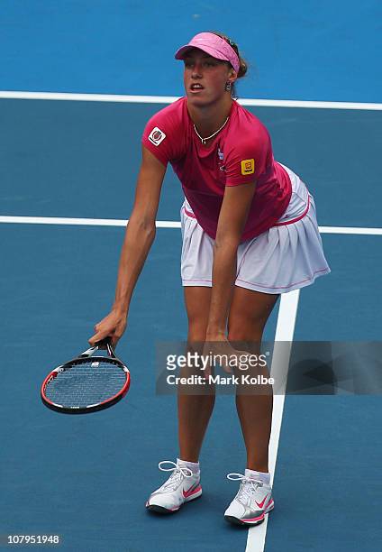 Yanina Wickmayer of Belgium reacts after losing a point in her match against Samantha Stosur of Australia during day two of the 2011 Medibank...
