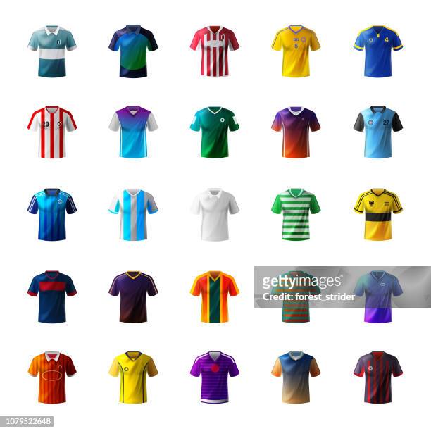 illustrazioni stock, clip art, cartoni animati e icone di tendenza di camicia uomo e uniforme da calcio - tutti i tipi di top