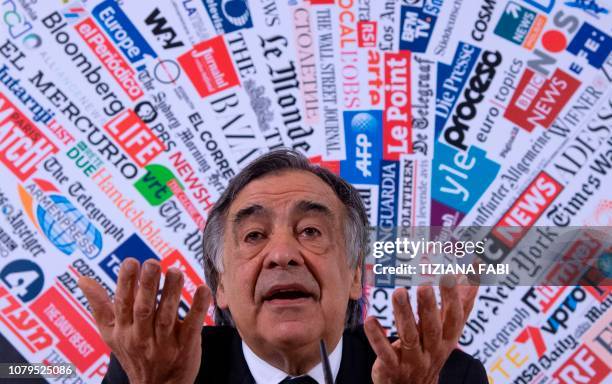 Palermo mayor Leoluca Orlando speaks during a meeting with the Foreign Press on January 9, 2019 in Rome. - Orlando is one of the mayors of three...