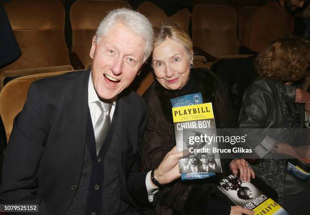 President Bill Clinton and Hillary Clinton pose at the opening night of Manhattan Theatre Club's production of "Choir Boy" on Broadway at The Samuel...