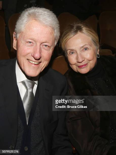 President Bill Clinton and Hillary Clinton pose at the opening night of Manhattan Theatre Club's production of "Choir Boy" on Broadway at The Samuel...