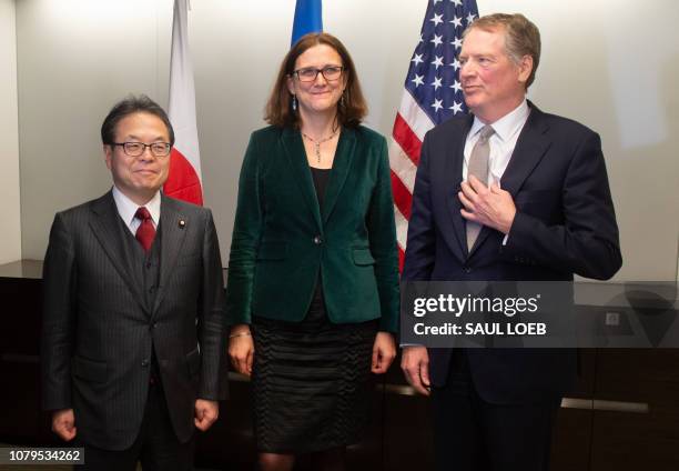 Trade Commissioner Cecilia Malmstrom , US Trade Representative Robert Lighthizer and Japanese Minister of Economy, Trade and Industry, Hiroshige Seko...