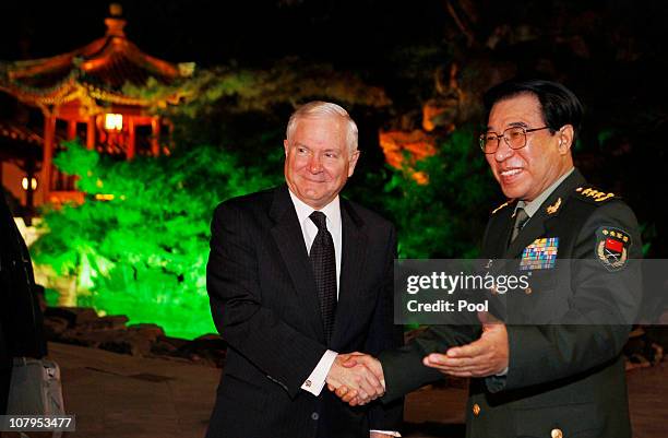 Secretary of Defense Robert Gates and Vice Chairman of Central Military Commission General Xu Caihou meet at the Diaoyutai Guest House on January 10,...