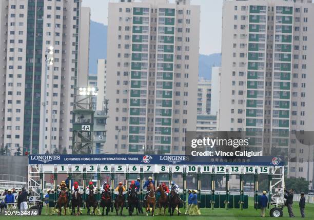 Glorious Forever jumps from barrier one before winning in Race 8, Longines Hong Kong Cup during the LONGINES Hong Kong International Races at Sha Tin...