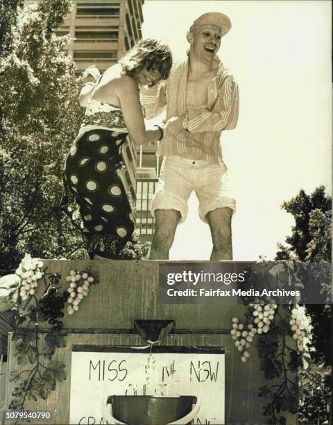 Pics taken in Hyde Park of Lindsay Kemp and actress Shirley Abicair who are pictured pressing grapes for the Wine quest.They were two of the many...